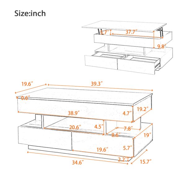 U-Can Lift-Top Coffee Table with 2 Drawers, Modern Coffee Table with Adequate Hidden Compartment, Multi-Functional Lift-Top Coffee Table with High-Gloss Finish for Living Room