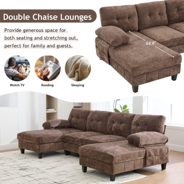 U-shaped Sectional Sofa 103.5" Chenille Fabric Couch with Dual Chaise Lounges, Storage Pockets and Armrest Pillows for Living Room, Brown