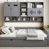 Full Size Wooden Daybed With Twin Size Trundle, and All-in-One Cabinet and Shelf, Gray