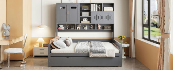 Full Size Wooden Daybed With Twin Size Trundle, and All-in-One Cabinet and Shelf, Gray