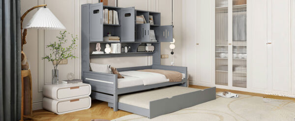Twin Size Wooden Daybed With Twin Size Trundle, and All-in-One Cabinet and Shelf, Gray