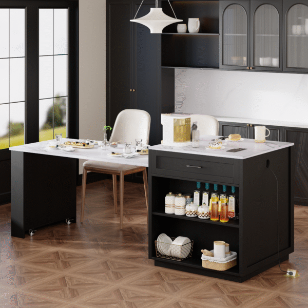 K&K 82.7 inch Kitchen Island with Extendable Dining Table for 4-6 Person,Faux Mable Kitchen Table with Double-sized Storage,Power Outlet,Kitchen island with Storage 2 Drawers 2 Side Open Shelves,Black