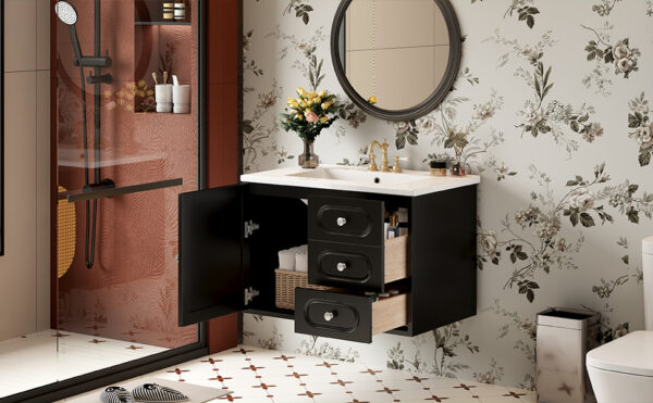 30" Bathroom Vanity with Ceramic Sink, Mid-Century Bathroom Vanity Cabinet with 2 Drawers, Bathroom Vanities Cabinet with Large Storage Space