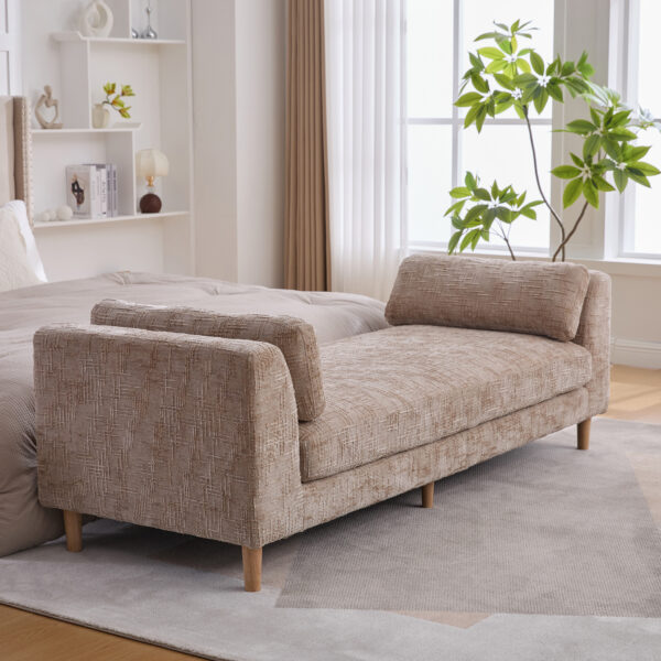 83.1"Wide Modern Upholstered End of Bed Bench with Armrests, Chenille Chaise Lounge Couch with 2 Bolster Pillows, Daybed with Rubberwood Legs For Living Room,Bedroom,Apartment,Guestroom, Wheat
