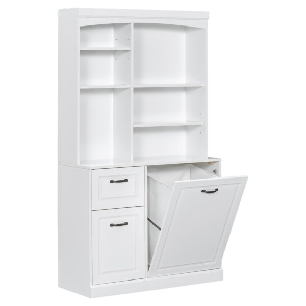 Bathroom Storage Cabinet with Tilt-Out Hamper, 70.9'' Tall Free Standing Organizer with Drawers & Adjustable Shelves, MDF Linen Tower with Steel Handles, White Finish