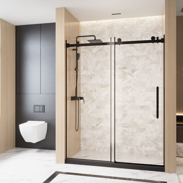0cd58bd19add4fdeb85e7a79240b0cec_ba434a7ca54cfd21df40a5589e1576c0 Frameless Single sliding shower door 60 "W x 76" H, 1/4 "(6 mm) Clear Tempered Glass, Explosion Proof Film, Stainless Steel Handle Square Tube Track ,Matte Black