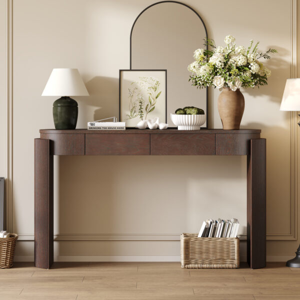 TREXM Entryway Table with Natural Wood Grain Finish, Console Table with Fluted Design, Oval Top and 2 Drawers for Entryway and Living Room (Espresso)
