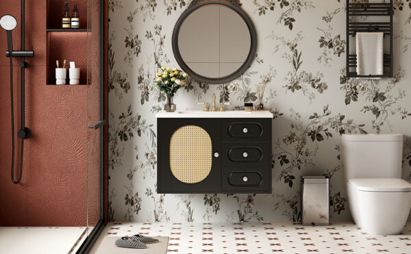 30" Bathroom Vanity with Ceramic Sink, Mid-Century Bathroom Vanity Cabinet with 2 Drawers, Bathroom Vanities Cabinet with Large Storage Space