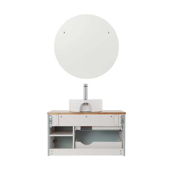 0e7812b704bf4253ab53a89cbdc9b711_09750384fdabacb9d124b52533bbb997 36-Inch Double Drawer + Single Door Wall-Mounted Bathroom Vanity .Blue Cabinet + Solid Wood Natural Top,Round Art Ceramic Sink Modern Minimalist Design,For Bathroom