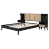 Queen Size Solid Wood Bed Frame with 2 Nightstands, Elegant Design with Lamps, Rattan and Wood Combination,Black