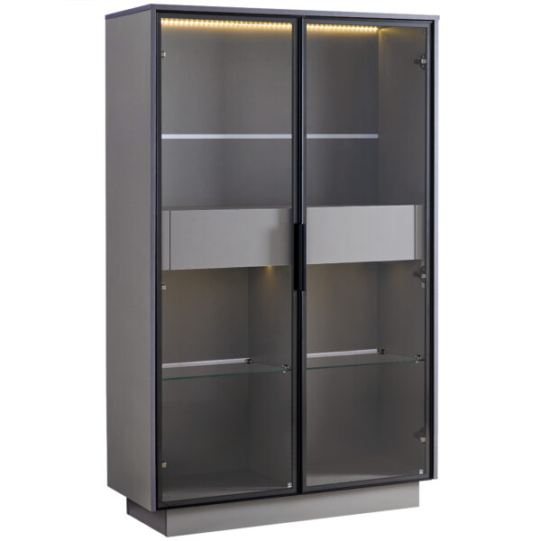 60.6'' Freestanding Display Cabinet with 2 Storage Drawers, Pantry with Glass Doors & LED Lighting, Modern China Cabinet with Adjustable Shelves for Hallways, Kitchen, Livingroom & Office - Grey