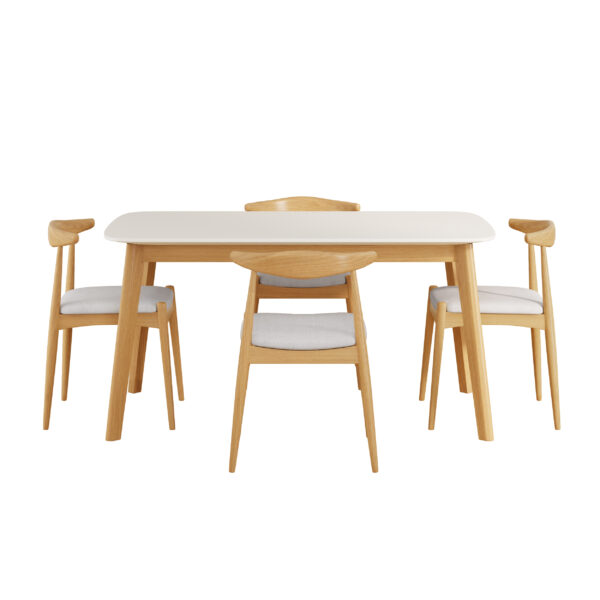 5-Piece Mid-Century Modern Dining Set - Solid Wood Frame Table + 4 Beige Upholstered Chairs(White Oak+Beige)