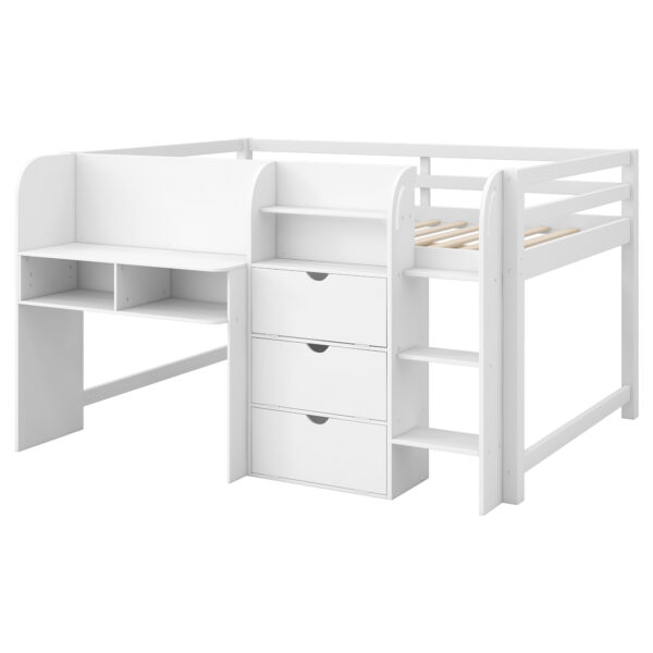 Full Size Low Loft Bed with Built-in Desk,Storage Cabinets and Open Bookcase,Whiteboard for Graffiti,White(ETA:7/8)