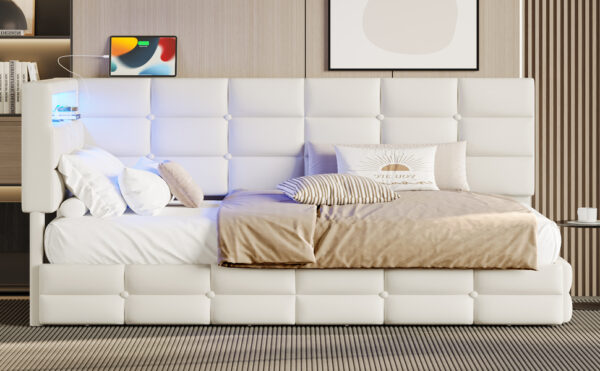 Upholstered Twin Size Daybed with Storage 2 Drawers and Charging Station, Day Bed Frame with LED Lights and Storage Headboard, No Box-Spring Needed, Beige