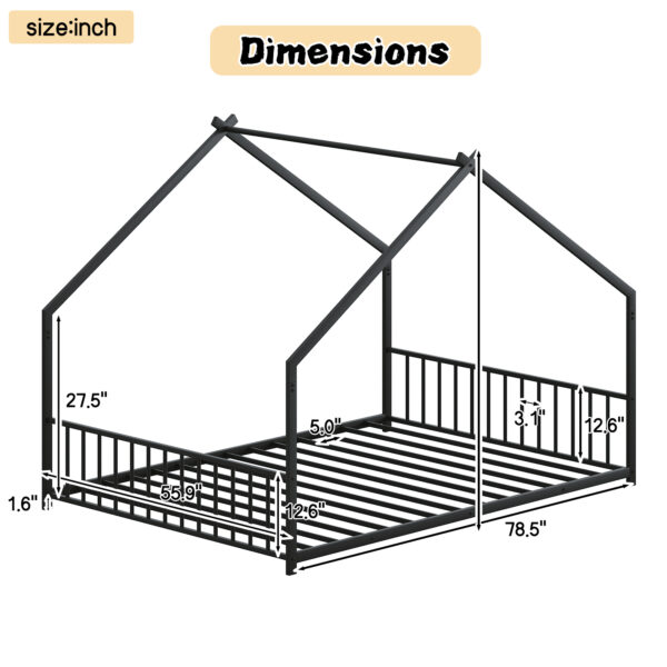 Full size children's bed frame with LED light strips, roof-shaped iron frame bed, Black,78.5" L x 55.9" W x 58.4" H.