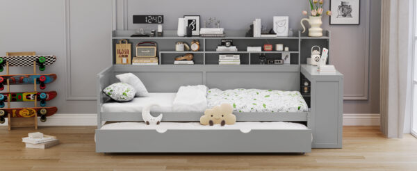 Wooden Twin Size Daybed with Storage Shelves, Multi-functional Bed with Twin Size Trundle Bed and  Study Desk, Gray