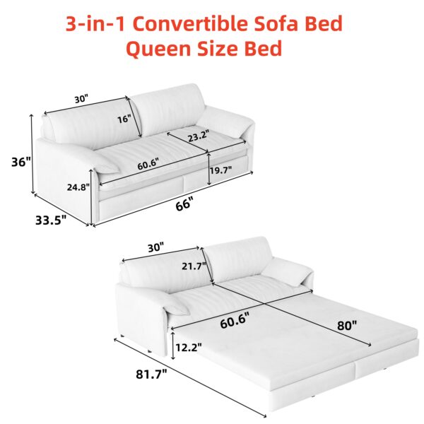 66" Queen Pull Out Sofa Bed, 3-in-1 Convertible Sleeper Sofa with Side Storage,Multi-Functional Velvet Loveseat Bed for Living Room,Bedroom,Apartment,Office.(Old Sku:W1885P154639/W1885P214785)