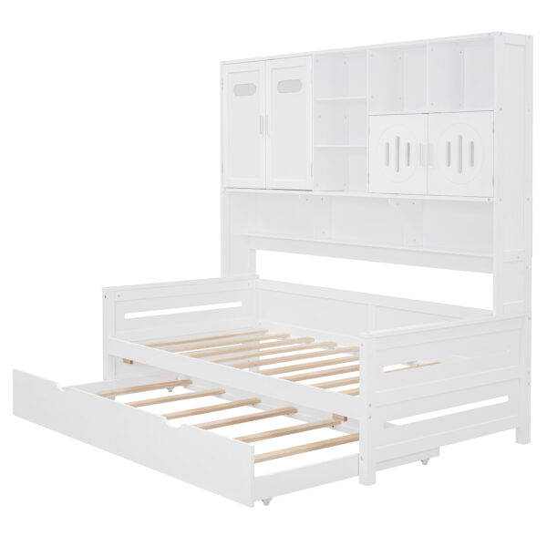 Twin Size Wooden Daybed With Twin Size Trundle, and All-in-One Cabinet and Shelf, White