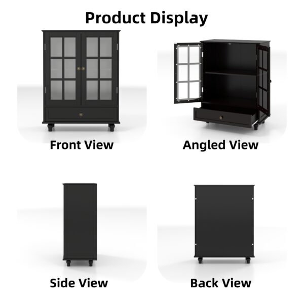 Minimalist Black Buffet Cabinet with Double Glass Doors and Drawer, Modern Wooden Storage Sideboard Cupboard for Living room, Dining Room Hallway Entryway(Black)