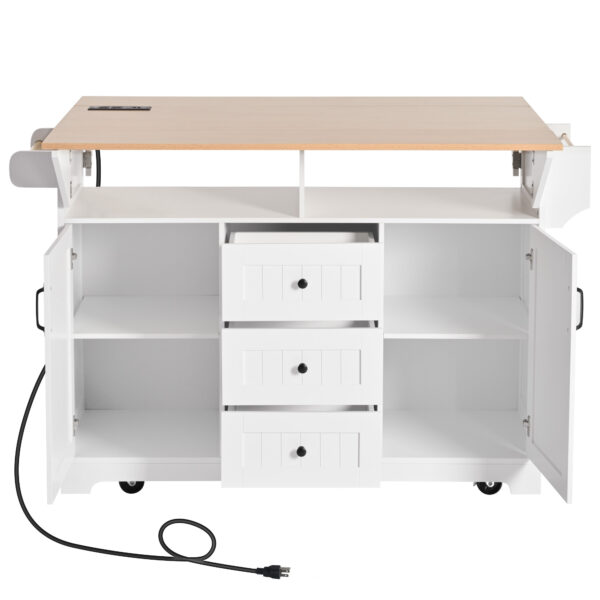 K&K 55.7'' Large Kitchen Island with 2 Drop Leaf,, Rolling Kitchen Cart on 5 Wheels with Power Outlet, Folding Storage Dining Table with Spice & Towel Rack , 3 Drawers, for Kitchen, Dining Room,White