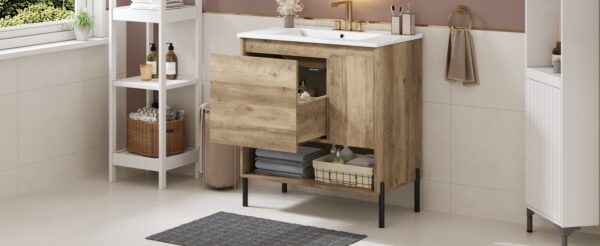 30" Modern Wood Fixture Bathroom Vanity, Bathroom Cabinet with Sliding Drawer, Bathroom Storage Cabinet with Ceramic Basin Sink Top, Single Bathroom Vanities Cabinet with Doors and Open Shelf
