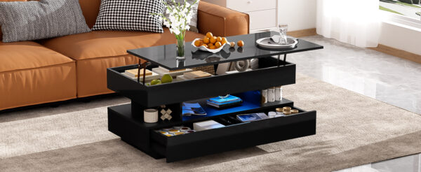 U-Can Lift-Top Coffee Table with 2 Drawers, Modern Coffee Table with Adequate Hidden Compartment, Multi-Functional Lift-Top Coffee Table with High-Gloss Finish for Living Room