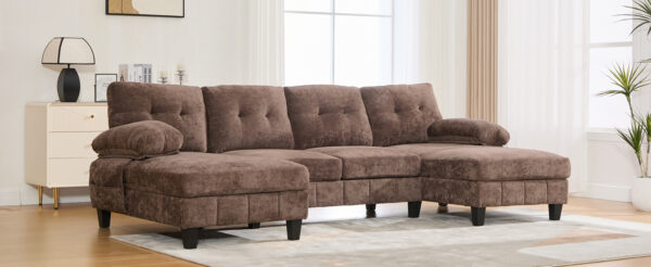 U-shaped Sectional Sofa 103.5" Chenille Fabric Couch with Dual Chaise Lounges, Storage Pockets and Armrest Pillows for Living Room, Brown