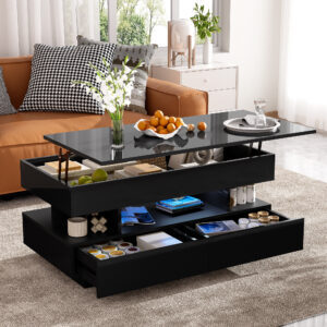 U-Can Lift-Top Coffee Table with 2 Drawers, Modern Coffee Table with Adequate Hidden Compartment, Multi-Functional Lift-Top Coffee Table with High-Gloss Finish for Living Room