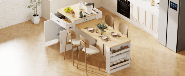 K&K 82.7 inch Kitchen Island with Extendable Dining Table for 4-6 Person,Two-tone Kitchen Table with Double-sized Storage, Power Outlet, Kitchen island with Storage 2 Drawers 2 Side Open Shelves,White