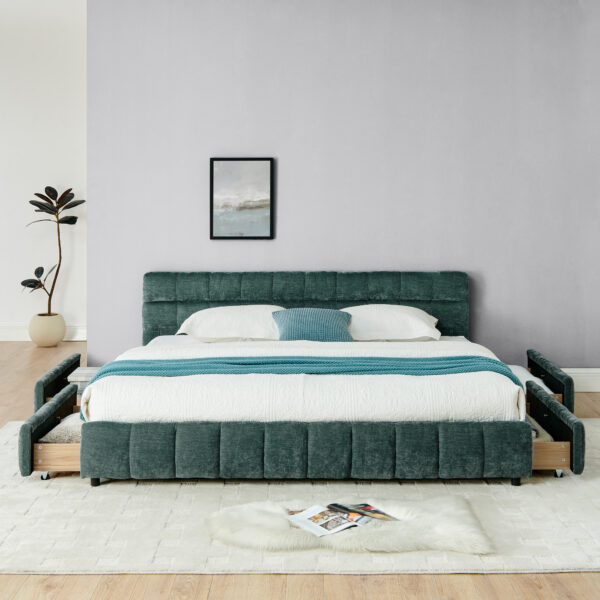 138610af16da48ac9295ea5e0ef2e6b7_a555ba754b153774211a72a624c6a83f King Size Upholstered Bed ,comfortable upholstered bed frame, Chenille fabric, with headboard and solid bed frame. With drawer for storage-green(88.5''*85.5''*31'')