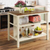 TOPMAX Solid Wood Rustic 3-piece 45" Stationary Kitchen Island Set with 2 Seatings, Rubber Wood Butcher Block Dining Table Set Prep Table Set with 2 Open Shelves for Small Places,Walnut+Cream White