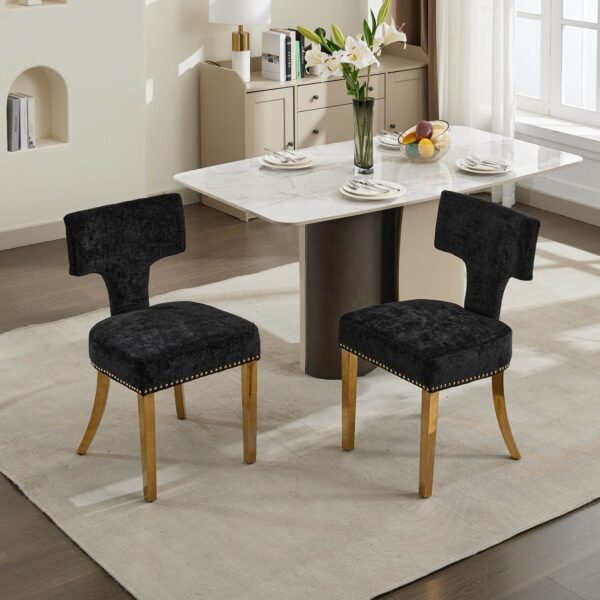 Mid Century Modern Dining Chairs Set of 2, Farmhouse Chenille Fabric Upholstered Accent Chair Curved Backrest with Copper Nails around,Kitchen Chairs with Golden Stainless Steel Plating Legs, Black