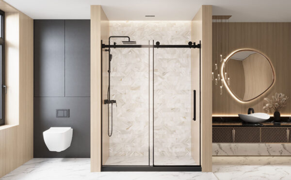 1597ae7a624d4b77bff85b593a5e3f38_8cd6c5e5d62809af8ca5445dc445e01d Frameless Single sliding shower door 60 "W x 76" H, 1/4 "(6 mm) Clear Tempered Glass, Explosion Proof Film, Stainless Steel Handle Square Tube Track ,Matte Black