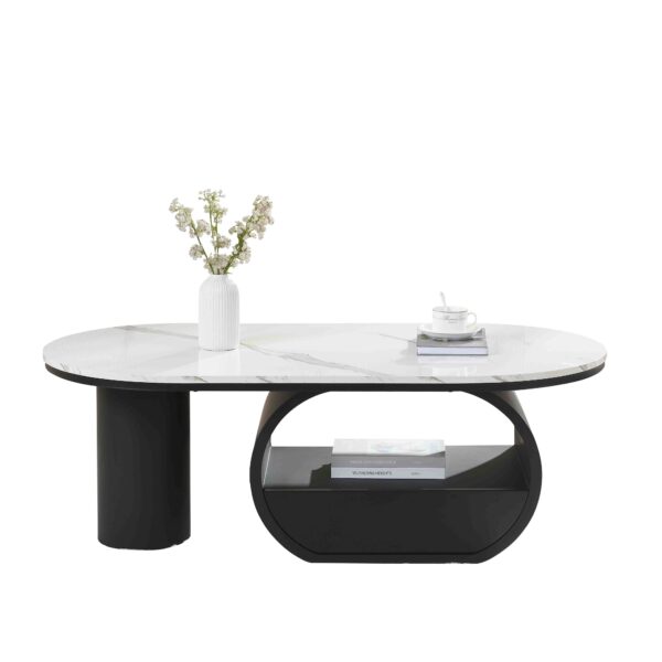 Luxury Modern Oval Coffee Table, 47.24'' Coffee Table with Storage Drawer, Faux Marble Top, Black Metal Center Table for Living Room