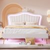 Queen Size Upholstered Bed Frame with LED Lights,Modern Upholstered Princess Bed With Crown Headboard,White