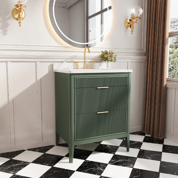 Fully Assembled 30''  Green Freestanding Single Sink Bathroom Vanity with Solid Wood Construction and Engineered Marble Top
