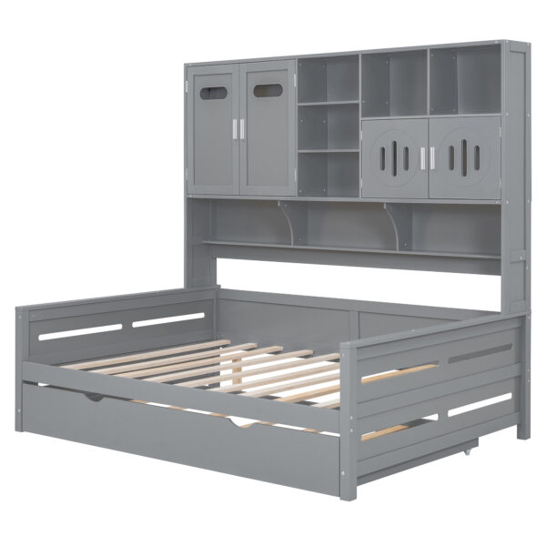 Full Size Wooden Daybed With Twin Size Trundle, and All-in-One Cabinet and Shelf, Gray
