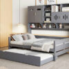 Full Size Wooden Daybed With Twin Size Trundle, and All-in-One Cabinet and Shelf, Gray