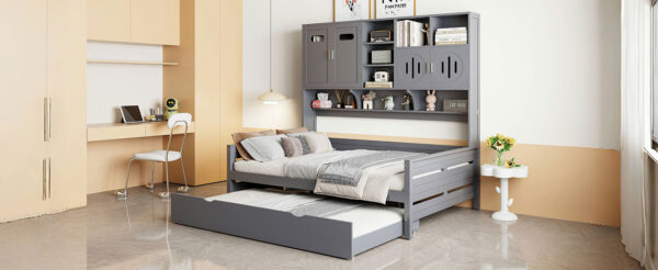 Full Size Wooden Daybed With Twin Size Trundle, and All-in-One Cabinet and Shelf, Gray