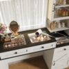 61.5" Farmhouse Vanity Desk with Mirror and LED Lights, Dressing Table with 5 Drawers and 4 Cabinets, Makeup Vanity Table Set with Glass Visual Desktop and Cushion Stool, for Bedroom