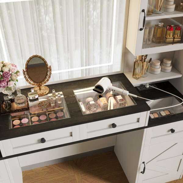 17c5beebd5bb4ec5ae151a2493e33d87_241f0d163e955729e8c19d167c0c847c 61.5" Farmhouse Vanity Desk with Mirror and LED Lights, Dressing Table with 5 Drawers and 4 Cabinets, Makeup Vanity Table Set with Glass Visual Desktop and Cushion Stool, for Bedroom