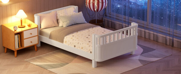 Twin Size Wood Platform Bed for Kids, Wood Low Profile Twin Bed with Rails for Girls and Boys, White (Patented Design)