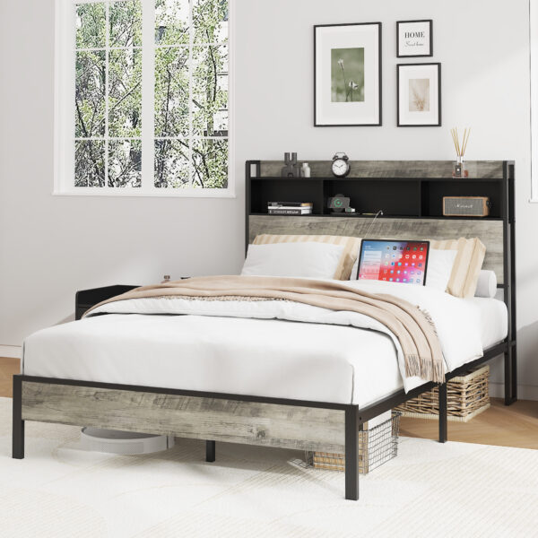 186339575e024bedbc15cddcd552615c_f1a0b7473906cae4f6f5216d6a1cc500 Full size bed frame, wooden platform bed frame, with storage and 2 USBs, no noise, no need for box springs, easy to assemble tools, large storage space under the bed, Antique Gray