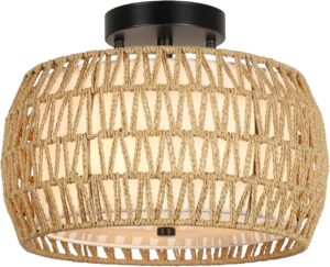Boho Light Fixtures Ceiling Mount, Rattan Semi Flush Mount Ceiling Light, Farmhouse Light Fixtures with Fabric Shades, Kitchen Close to Ceiling Light Fixtures for Living Room Bedroom Hallway