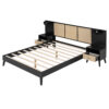 Queen Size Solid Wood Bed Frame with 2 Nightstands, Elegant Design with Lamps, Rattan and Wood Combination,Black