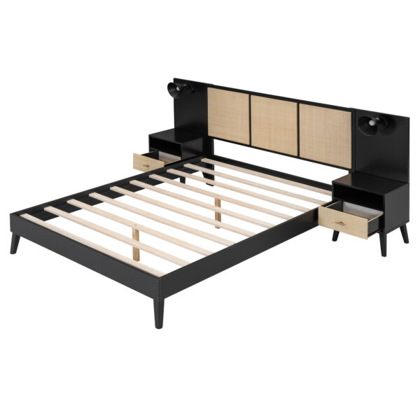 Queen Size Solid Wood Bed Frame with 2 Nightstands, Elegant Design with Lamps, Rattan and Wood Combination,Black