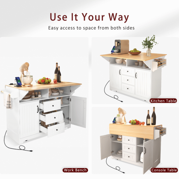 K&K 55.7'' Large Kitchen Island with 2 Drop Leaf,, Rolling Kitchen Cart on 5 Wheels with Power Outlet, Folding Storage Dining Table with Spice & Towel Rack , 3 Drawers, for Kitchen, Dining Room,White