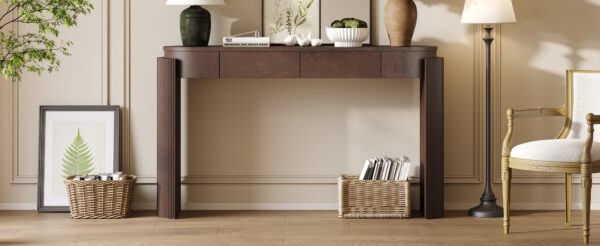 TREXM Entryway Table with Natural Wood Grain Finish, Console Table with Fluted Design, Oval Top and 2 Drawers for Entryway and Living Room (Espresso)