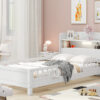 Wood Twin Size Platform Bed with Built-in LED Light, Storage Headboard and Guardrail, White