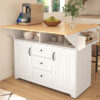 K&K 55.7'' Large Kitchen Island with 2 Drop Leaf,, Rolling Kitchen Cart on 5 Wheels with Power Outlet, Folding Storage Dining Table with Spice & Towel Rack , 3 Drawers, for Kitchen, Dining Room,White